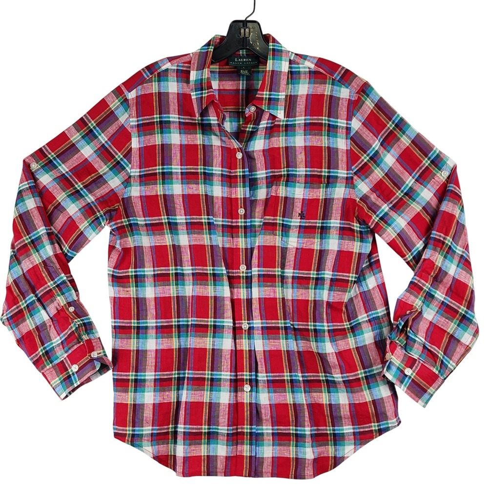 Lauren Ralph Lauren Linen Plaid Button Down Shirt Womens L Red Multi Preppy